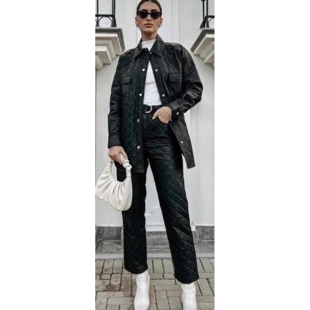 Zara Quilted Faux Leather Pants Women XS Black Belted High Rise 4387/223